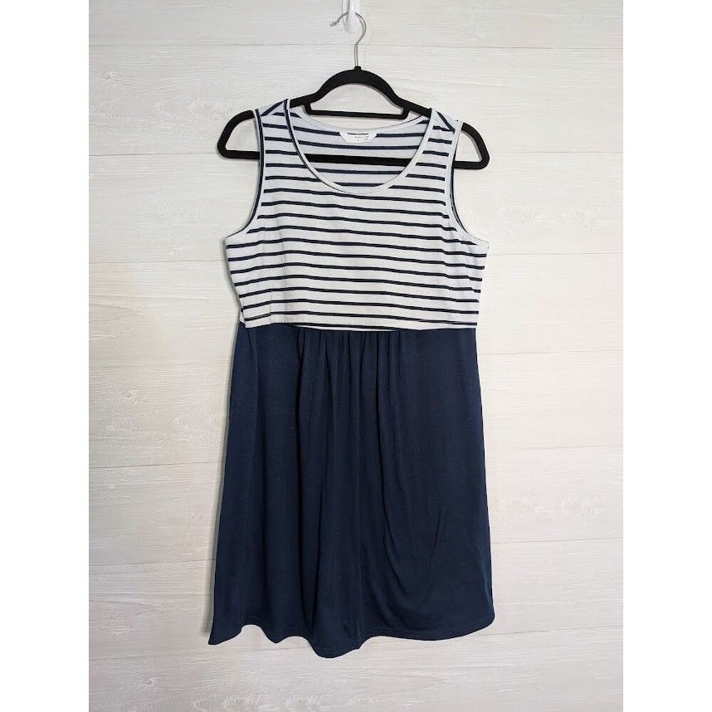 WOMEN Large Nursing Dress Striped Navy Blue Maternity Sleeveless Breastfeeding